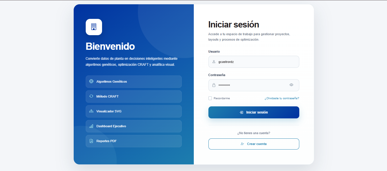 Acceso al sistema LayoutIA con módulos de algoritmos genéticos, método CRAFT, visualizador SVG, dashboard ejecutivo y reportes PDF